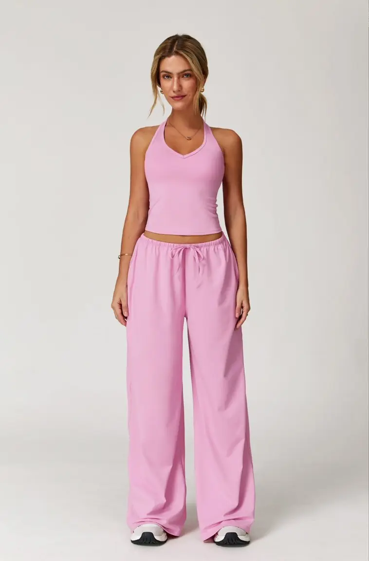Rose pink women's three-piece activewear set, front view