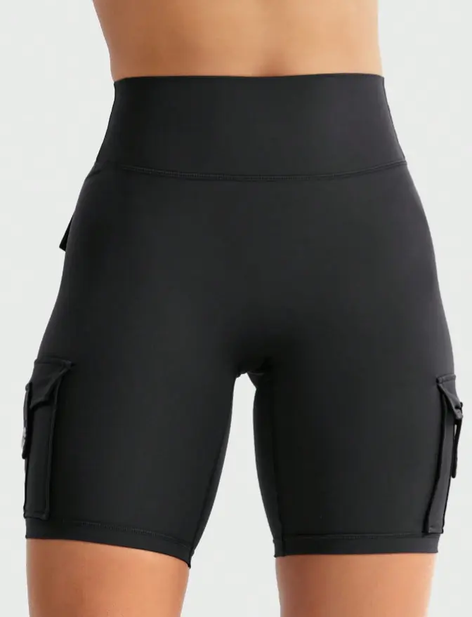 Black women's high-waist cargo pocket biker shorts, front view