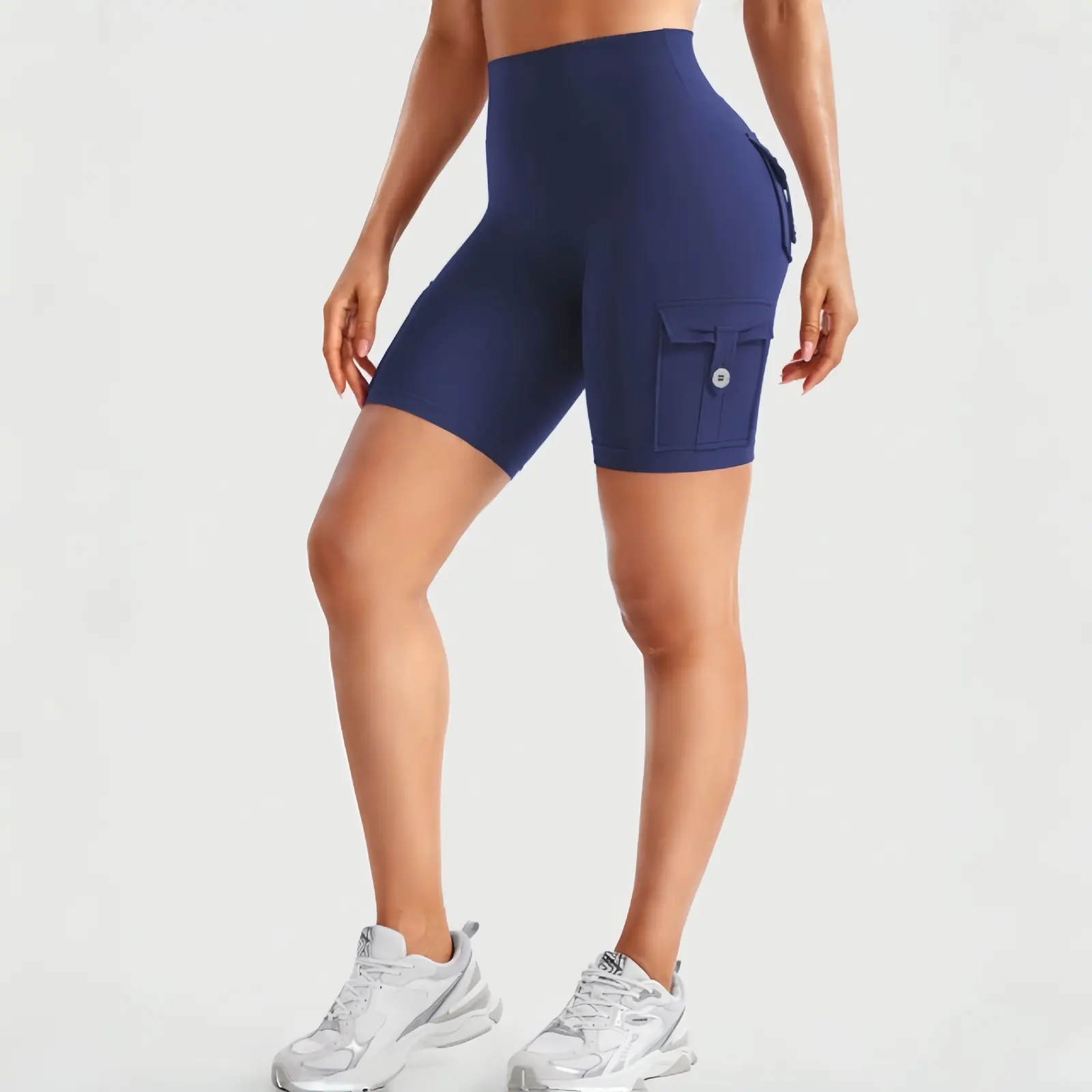 Blue women's multi-pocket biker shorts, side view