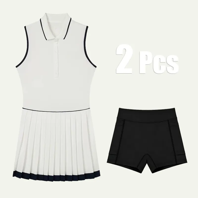 White polo tennis dress with navy contrast trim