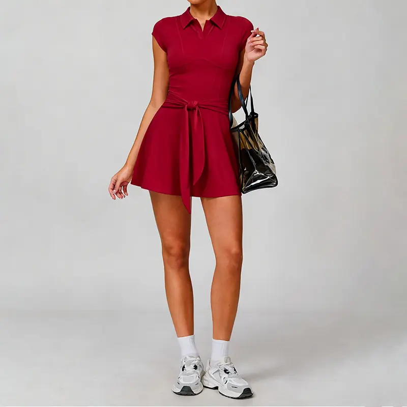 Cinnabar red women's polo tie-waist tennis dress, front view