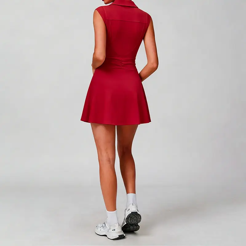 Cinnabar red women's polo tie-waist tennis dress, back view