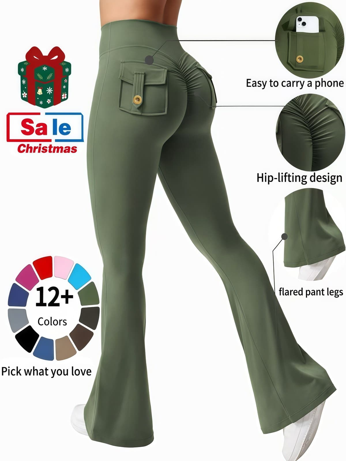 Army green women's high-waist cargo flared yoga pants