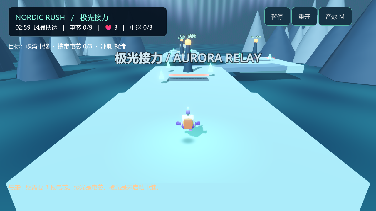 Nordic Rush: Aurora Relay actual v0.1.0 prototype screenshot with Chinese HUD