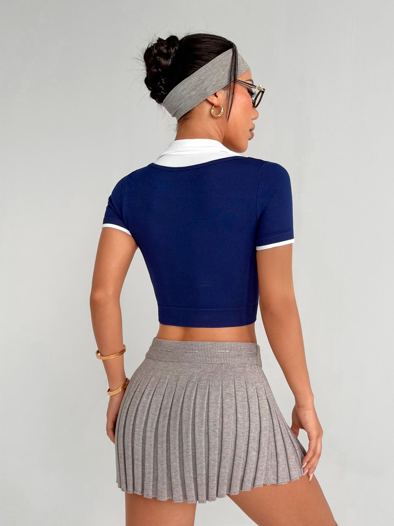 Collared Top & Pleated Tennis Skirt Set - product view 2 - KR02-0036